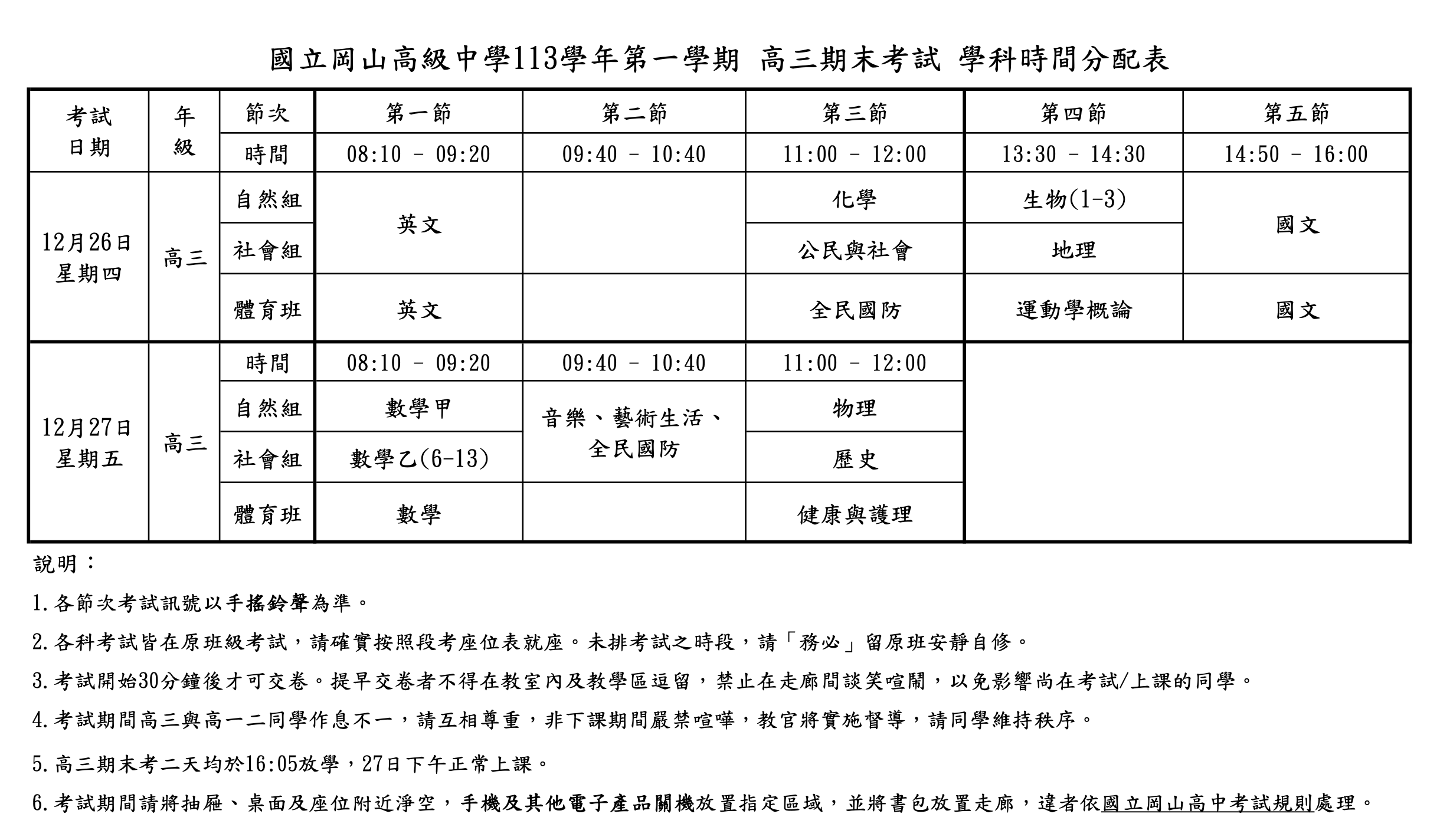 考程表